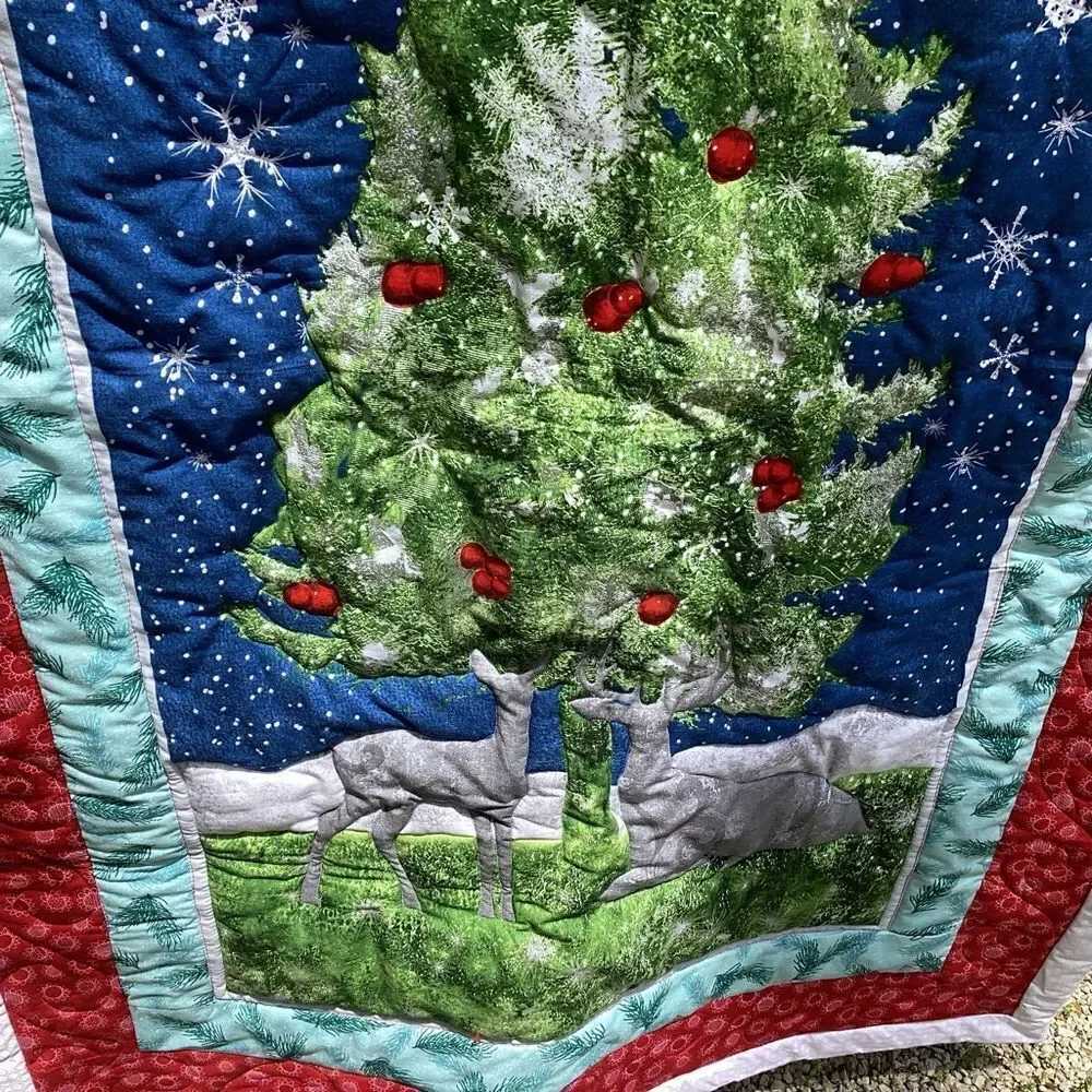 NWT. Christmas Forest Tree with Deer Lap Quilt Hand Crafted